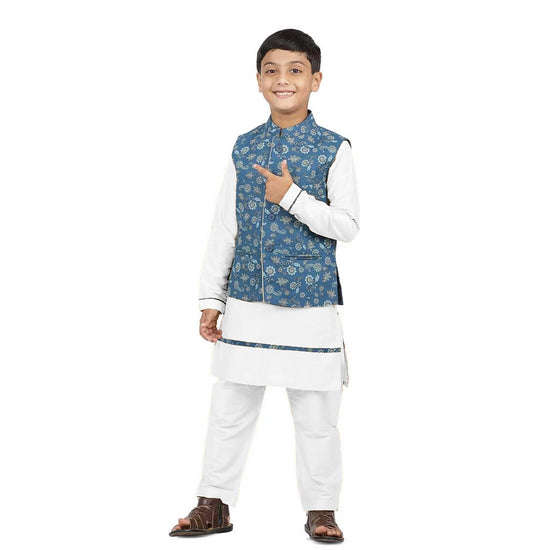 Digital print satin bandi with sea blue cotton kurta & white pyjama for father-son