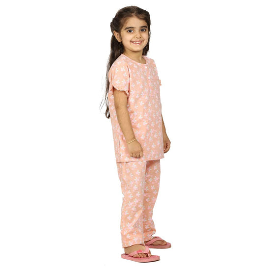 Ruffled Sleeve Peach Soft Cotton Sleepwear Set For Mom & Daughter For Daughter