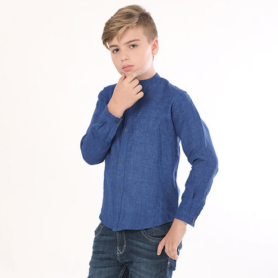 Quilted Blue Mandarin Collar Matching Shirts For Father And Son For Son