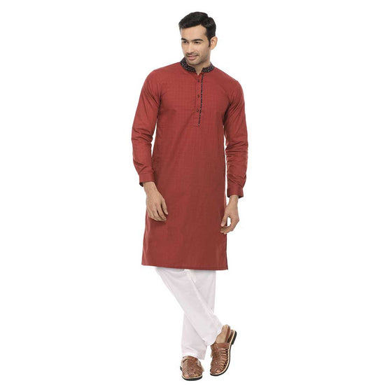 Maroon kurta with contrast floral print collar & white pyjama set for Mens