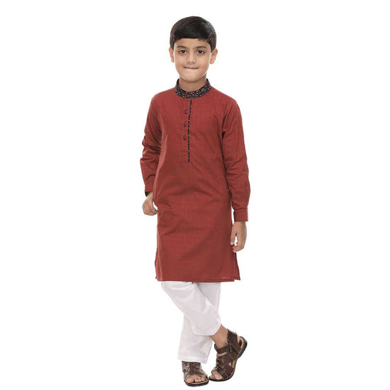 Maroon kurta with contrast floral print collar & white pyjama set for father-son