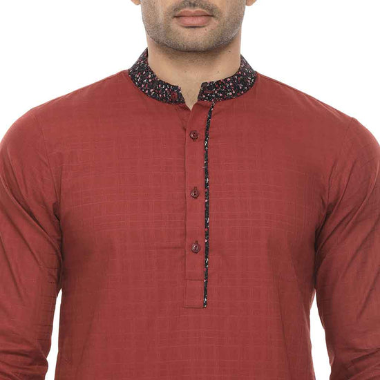 Maroon kurta with contrast floral print collar & white pyjama set for Mens
