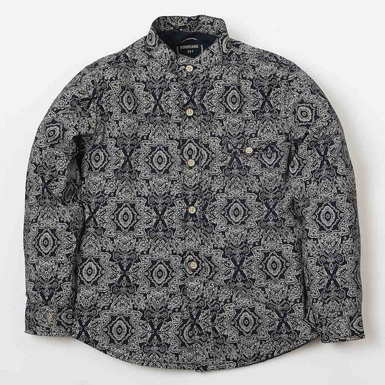 Paisley Print Mandarin Collar Shirt  In Navy Blue For Boy