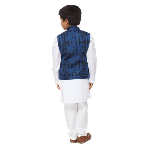 Grey Printed Bandi With Blue Kurta & Pyjama For Boy