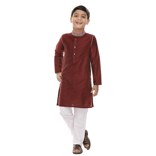 Wine red kurta with white pyjama set for father-son