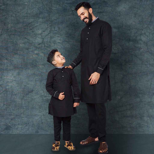 Black contrast collar and cuff kurta/pyjama set for father son