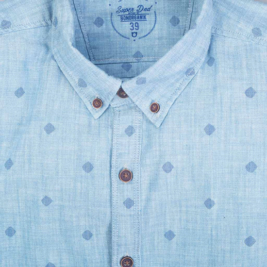 Light blue washed denim printed shirt for father son