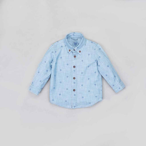 Light blue washed denim printed shirt for father son