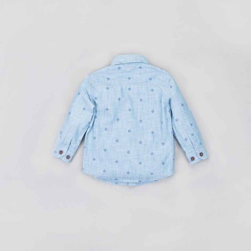 Light blue washed denim printed shirt for father son