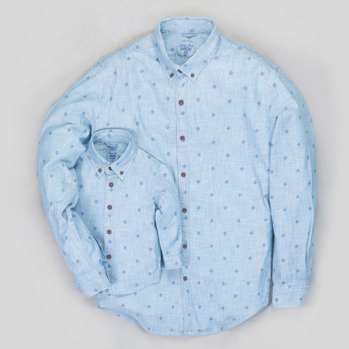 Light blue washed denim printed shirt for father son