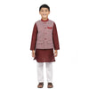 Wine red kurta with printed bandi & white pyjama for father-son