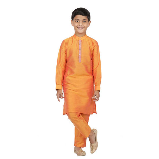 Contrast placket orange kurta & pyjama set for father-son