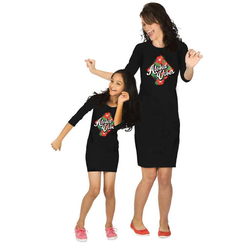 Aloha Vibes Black Knitted Dress For Mom Daughter