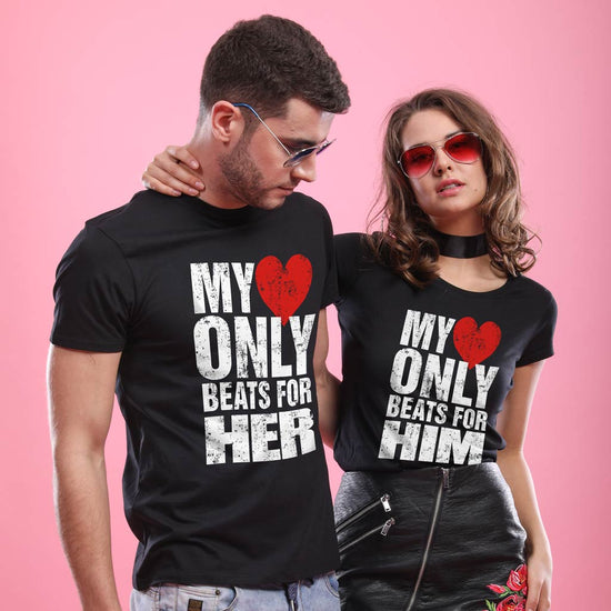 My Heart Beats for Her Him Matching Couple Gift Shirts Red T-Shirt