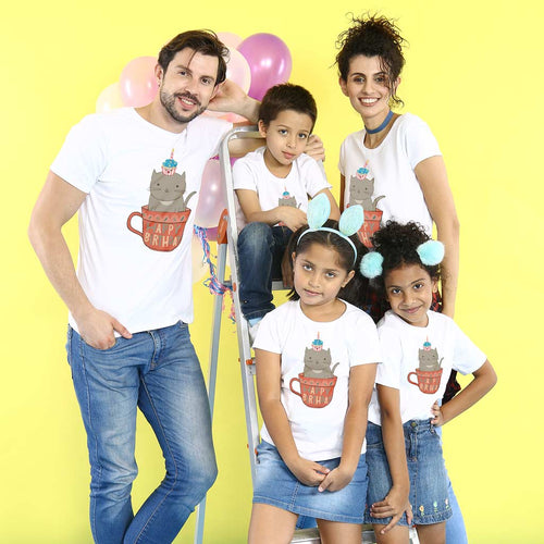 Cat On Cup Birthday Family Tees