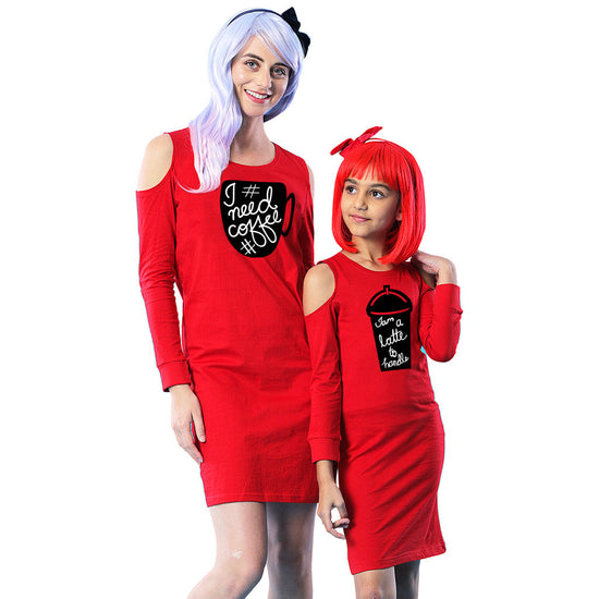 Coffee fix Matching Cold Shoulder Dresses For Mom And Daughter