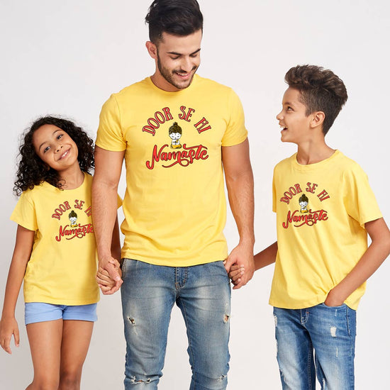 Door Se Hi Namaste Matching Tees Dad, Daughter and Son Tees