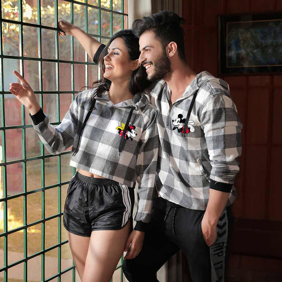 Micky Minnie Light Grey Check, Matching Disney Hoodie And Crop Hoodie For Couples