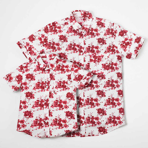 Floral Print Short Sleeve Matching Shirt In White For Dad And Son