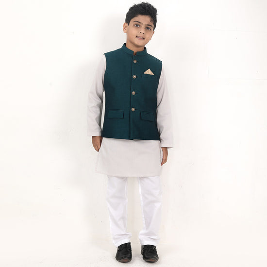 Teal Green Matching Bandi With Kurta & Pyjama For Son