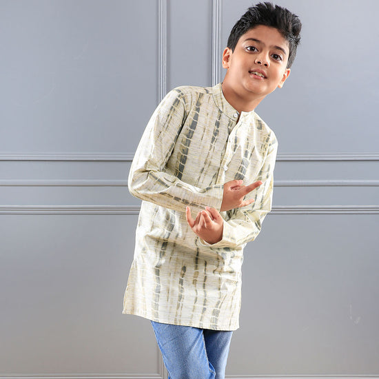 Pastel Olive Printed Matching Shirt Kurta Set For Son