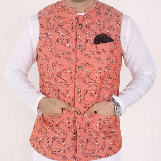 Boys Premium Peach Floral Print Band/Ethnic Waist Coat