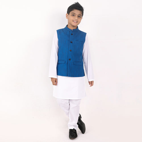 Royal Blue Bandi With White Kurta & Pyjama Set For Son