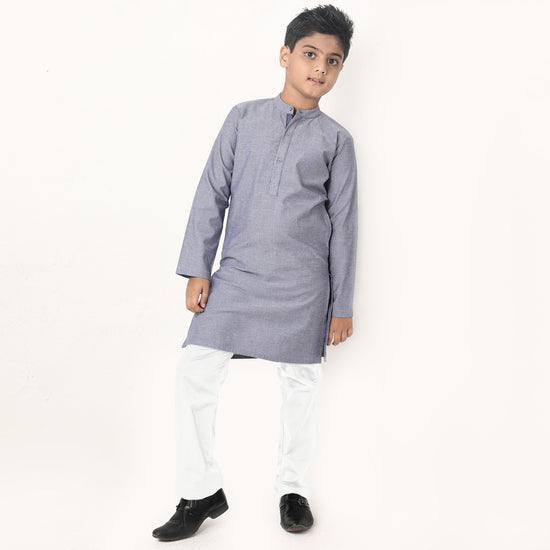 Light Navy Matching Kurta With White Pyjama Set For Son