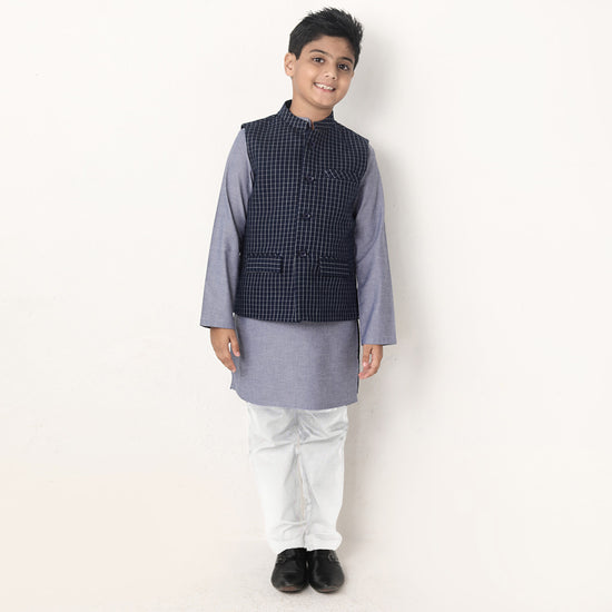 Navy And White Checks Bandi With Kurta & Pyjama For Son