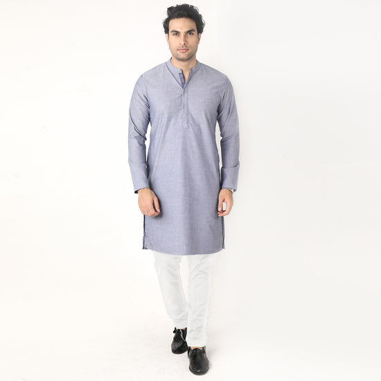 Light Navy Matching Kurta With White Pyjama Set For Mens