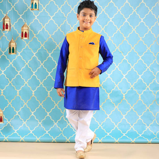 Mustard Corduroy Bandi With Royal Bule Kurta & Pyjama Set For Son