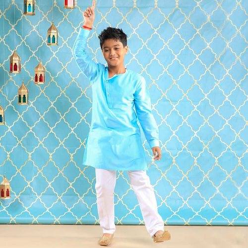 Sea Blue Stylised Collar Kurta & Pyjama Set For Boys