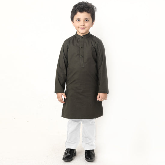 Military Green Matching Kurta & Pyjama Set For Son