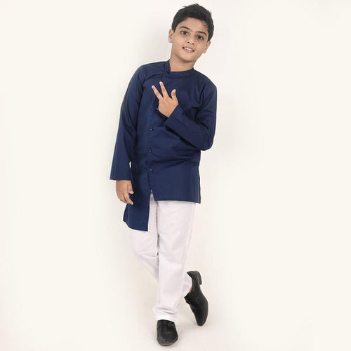 Navy Blue Asymmetrical,  Matching Kurta & Pyjama Set  For Son