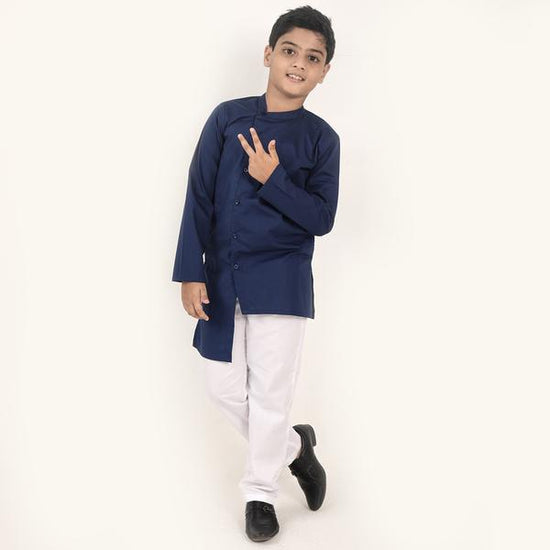 Navy Blue Asymmetrical,  Matching Kurta & Pyjama Set  For Son