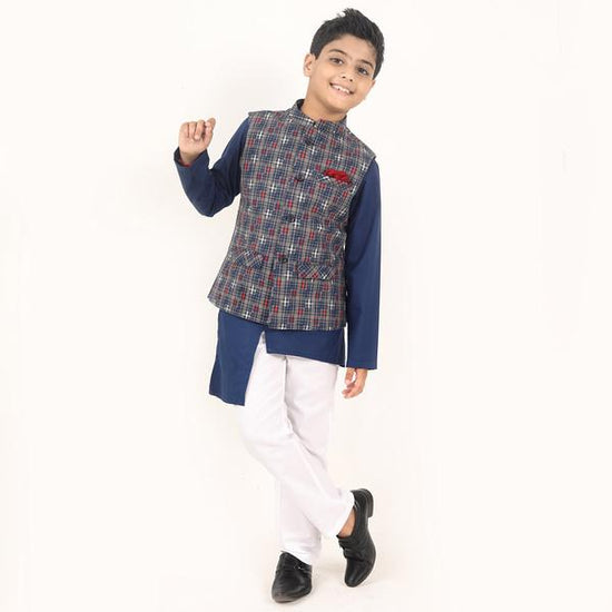 Navy Blue & Red Checks Bandi With Kurta & Pyjama Set For Son