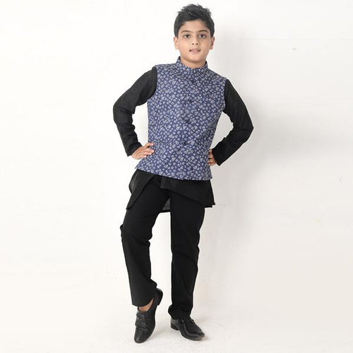 White And Dusty Blue Floral Print Bandi With Black Kurta & Pyjama Set For Son