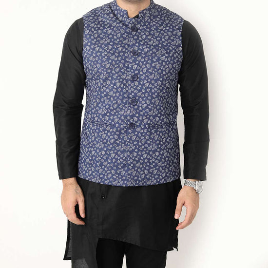 Mens Premium Elegant Blue Printed Bandi/Ethnic Waist Coat