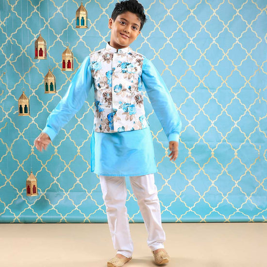 Floral Print Bandi With Sea Blue Kurta & Pyjama Set For Son