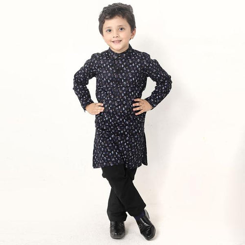 Black Floral Print  Matching Kurta & Pyjama Set For Son