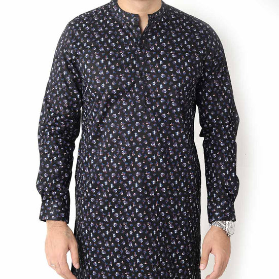 Black Floral Print  Matching Kurta & Pyjama Set For Mens