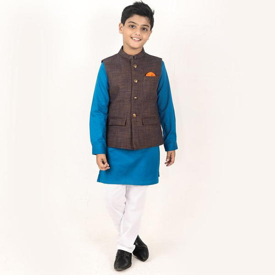 Textured Navy and Orange Bandi With Kurta & Pyjama Set For Son