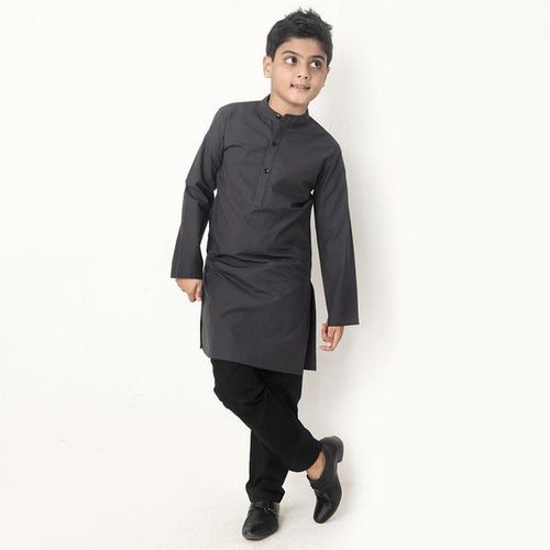 Dark Grey Matching Kurta With Black Pyjama Set For Son