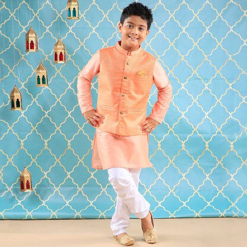 Brocade Peach Bandi With Peach Kurta & Pyjama Set For Son