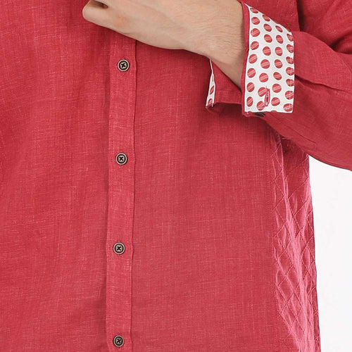 Quilted Mandarin Red Collar Linen Shirt For Dad And Son