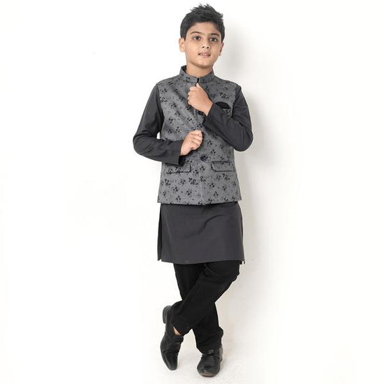 Floral Print Grey Bandi With Matching Kurta And Pyjama Set For Son