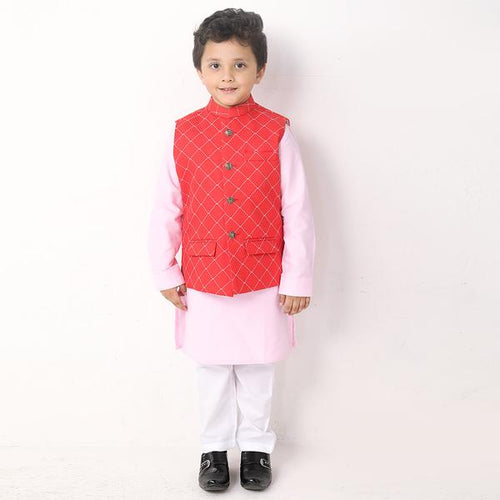 Bright Red Geometric Print Bandi With Matching Kurta And Pyjama Set For Son