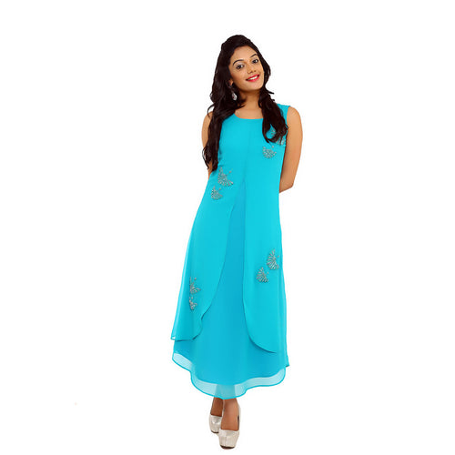 Teal green layered front slit resham and bead work fusion dress