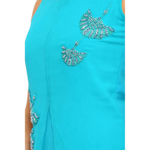 Teal green layered front slit resham and bead work fusion dress