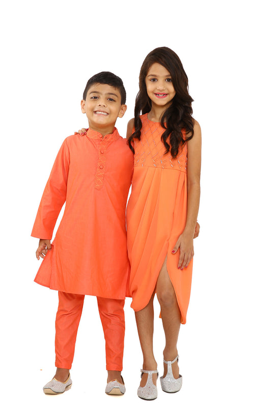 Orange resham work kurta set and fusion dress